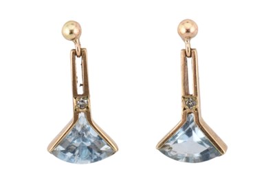 Lot 440 - PAIR OF HALLMARKED 9CT GOLD & DIAMOND AQUAMARINE PENDANT EARRINGS