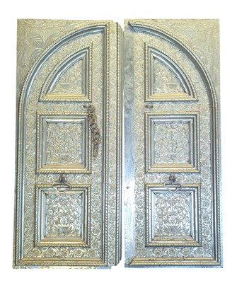 Lot 547 - PAIR OF MOROCCAN INSPIRED SILVERED METAL LINED DECORATIVE MANTEL DOORS
