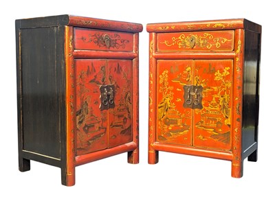 Lot 415 - PAIR OF CHINESE RED & BLACK LACQUERED CHINOISERIE BEDSIDE CHESTS