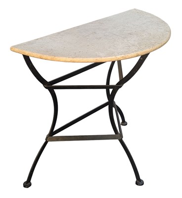 Lot 566 - CONTEMPORARY POLISHED STONE TOP & WROUGHT IRON DEMI-LUNE CONSERVATORY TABLE