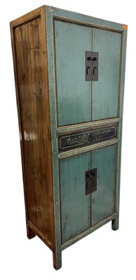 Lot 585 - CHINESE INSPIRED TURQUOISE PAINTED TWIN DOOR CUPBOARD