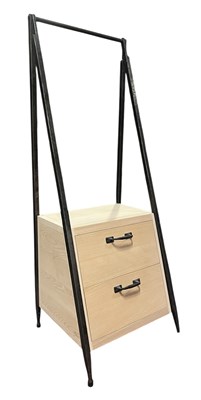 Lot 463 - MODERN BESPOKE MADE OAK WOOD & WROUGHT STEEL TWO-DRAWER HANGING RACK