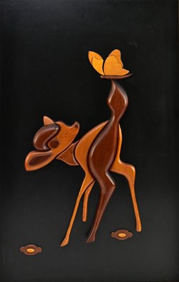 Lot 186 - VINTAGE MID CENTURY TEAK WOOD CABIN PANEL ARTWORK OF DISNEY'S BAMBI