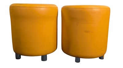 Lot 412 - PAIR OF LATER 20TH CENTURY ORANGE FAUX LEATHER BARREL STOOLS