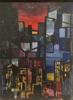 Lot 62 - LATE 20TH CENTURY ABSTRACT OIL ON CANVAS CITYSCAPE PAINTING
