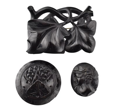 Lot 68 - 19TH CENTURY IVY WHITBY JET BROOCH & TWO OTHERS