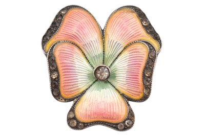 Lot 43 - SILVER GUILLOCHE ENAMEL & PASTE PANSY FLOWER BROOCH PIN
