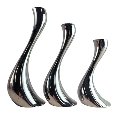 Lot 577 - CONSTANTIN WORTMANN X GEORG JENSEN - THREE COBRA STEEL GRADUATING CANDLESTICKS