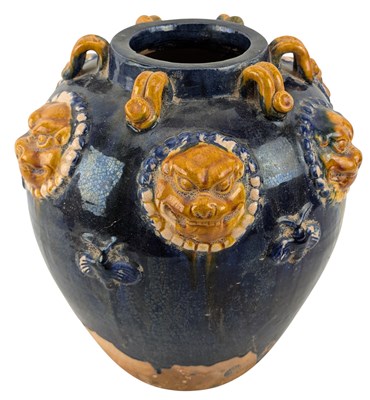 Lot 149 - TANG DYNASTY STYLE BLUE & BROWN SANCAI GLAZED VASE / JAR 唐 蓝褐彩罐/瓶