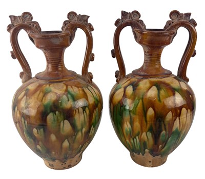 Lot 148 - PAIR OF SANCAI GLAZED POTTERY AMPHORA VASES 三彩陶壶一对