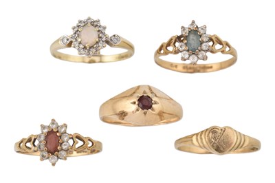 Lot 444 - COLLECTION OF FIVE 9CT GOLD & GEM SET RINGS