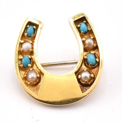 Lot 333 - 19TH CENTURY GOLD TURQUOISE & PEARL HORSESHOE BROOCH PIN