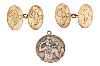 Lot 382 - PAIR OF 9CT GOLD ON SILVER CUFFLINKS & ST CHRISTOPHER PENDANT