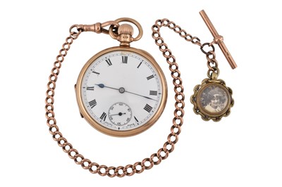 Lot 98 - SWISS 9CT GOLD OPEN FACE POCKET WATCH & CHAIN