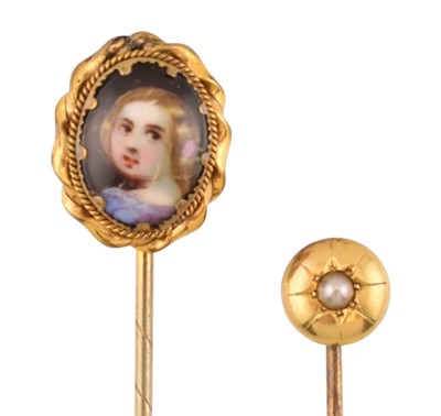 Lot 337 - TWO ANTIQUE YELLOW METAL STICK PINS