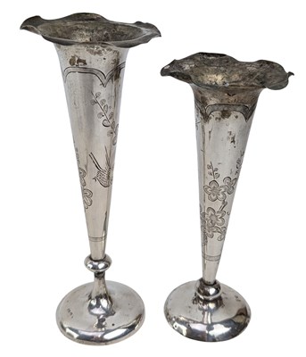 Lot 22 - MATCHED PAIR OF 20TH CENTURY CHINESE SILVER BUD STEM VASES BY WING NAM