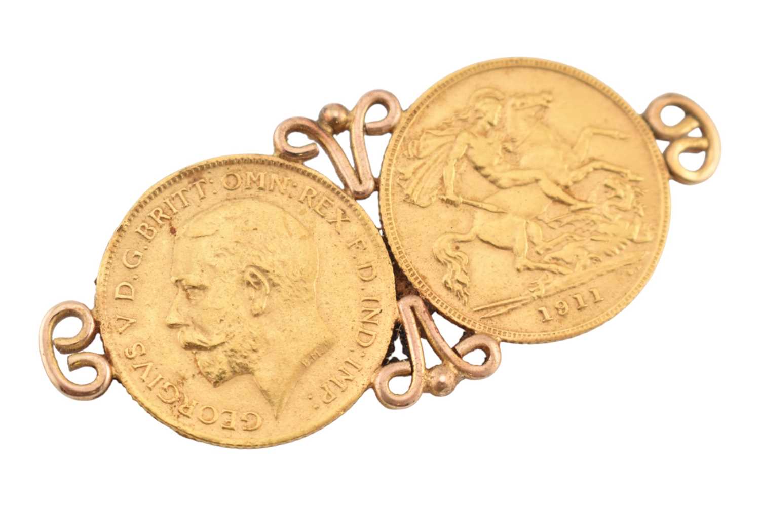 Lot 194 - 1911 DOUBLE HALF SOVEREIGN MOUNTED BROOCH PIN