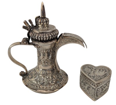 Lot 43 - 20TH CENTURY PERSIAN SILVER MINIATURE DALLAH COFFEE POT & A SILVER BOX
