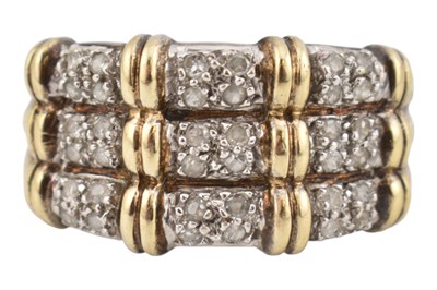 Lot 94 - HALLMARKED 9CT GOLD & DIAMOND THREE ROW BAMBOO RING