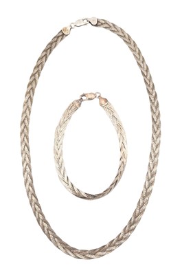 Lot 198 - SILVER ITALIAN HERRINGBONE BRAIDED NECKLACE & MATCHING BRACELET