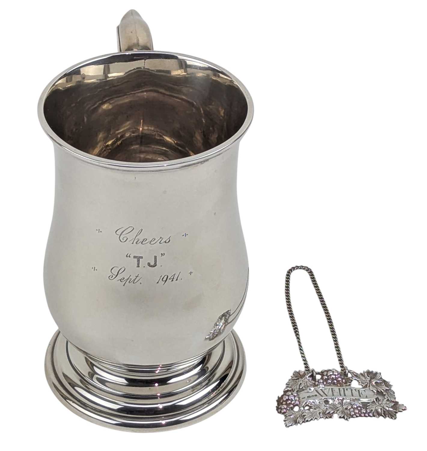 Lot 6 - LARGE GEORGE VI HALLMARKED SILVER TANKARD & SILVER DECANTER LABEL