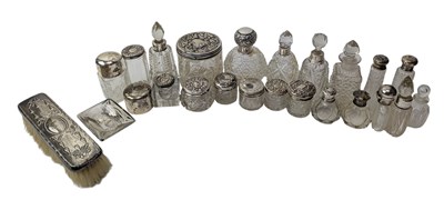 Lot 123 - COLLECTION OF 19H & 20TH HALLMARKED SILVER & GLASS SCENT BOTTLES & JARS