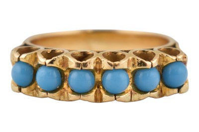 Lot 232 - MID CENTURY 18CT GOLD & TURQUOISE SIX STONE RING