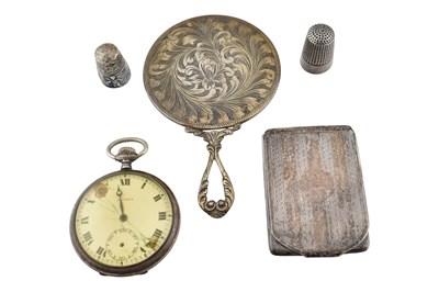 Lot 45 - COLLECTION OF SILVER ITEMS - CARD CASE, MIRROR, THIMBLES & POCKET WATCH