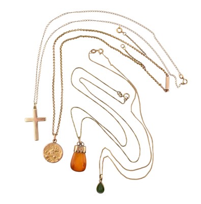 Lot 505 - FOUR GOLD & YELLOW METAL PENDANT NECKLACES