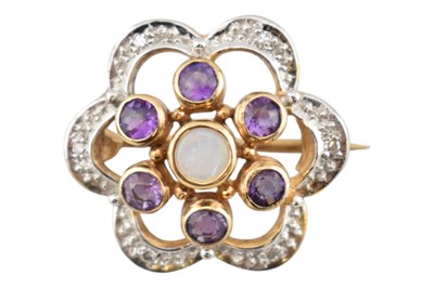 Lot 408 - HALLMARKED OPAL, AMETHYST & DIAMOND FLOWER BROOCH PIN
