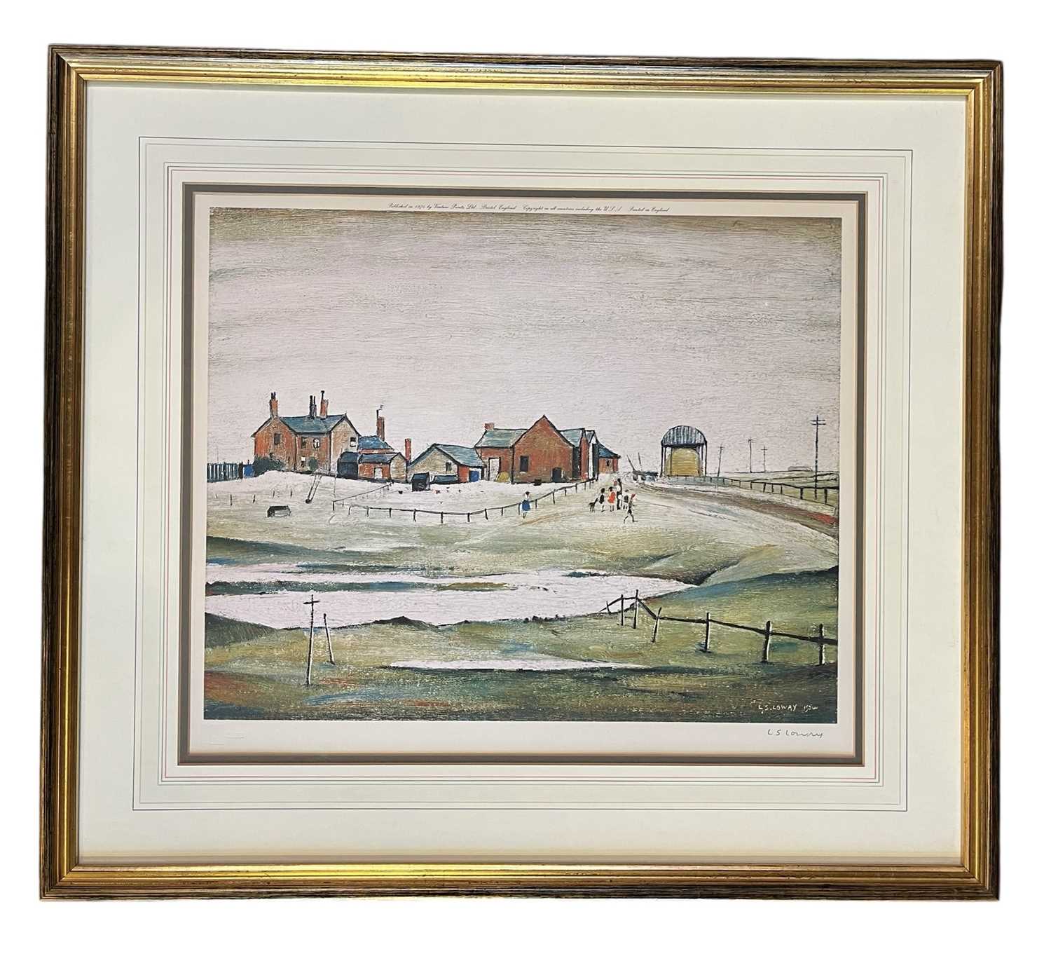 Lot 260 - LAURENCE STEPHEN LOWRY RA - LANDSCAPE WITH FARM BUILDINGS - SIGNED LITHOGRAPH