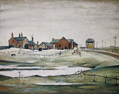 Lot 260 - LAURENCE STEPHEN LOWRY RA - LANDSCAPE WITH FARM BUILDINGS - SIGNED LITHOGRAPH