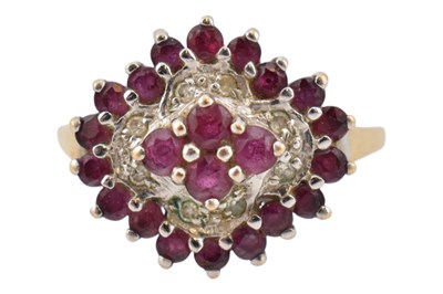 Lot 256 - HALLMARKED 9CT GOLD RUBY & DIAMOND CLUSTER RING
