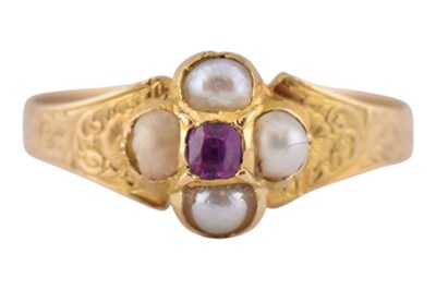 Lot 20 - 19TH CENTURY GOLD PEARL & RUBY RING