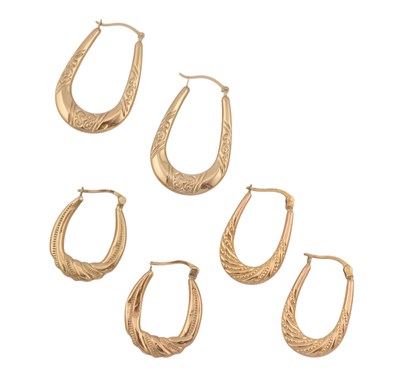 Lot 450 - COLLECTION OF THREE PAIRS 9CT GOLD CREOLE HOOP EARRINGS