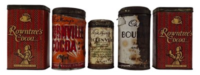 Lot 146 - CADBURYS & ROWNTREES - COLLECTION OF FIVE VINTAGE COCOA TINS, SOME WITH PAPER LABELS