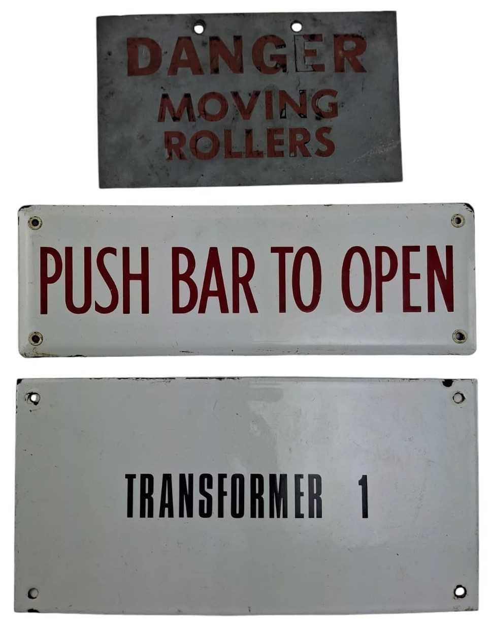 Lot 139 - THREE MID-CENTURY INDUSTRIAL FACTORY SIGNS, TWO ENAMEL
