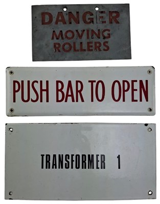Lot 139 - THREE MID-CENTURY INDUSTRIAL FACTORY SIGNS, TWO ENAMEL