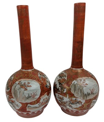 Lot 173 - PAIR OF 19TH CENTURY JAPANESE MEIJI PERIOD KUTANI PORCELAIN BOTTLE VASES 日本 明治 九谷烧长颈瓶一对