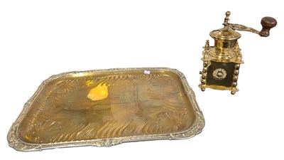 Lot 472 - 20TH CENTURY BRASS COFFEE GRINDER W/ EARLY 20TH CENTURY ART NOUVEAU STYLE BRASS TRAY