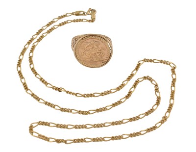 Lot 470 - HALLMARKED 9CT GOLD NECKLACE & FAUX SOVEREIGN RING