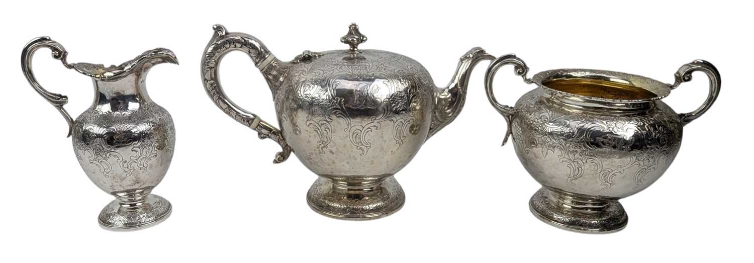 Lot 8 - 19TH CENTURY WILLIAM IV HALLMARKED SILVER THREE-PIECE TEA SERVICE T/W SUGAR TONGS
