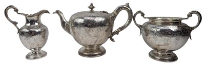 Lot 8 - 19TH CENTURY WILLIAM IV HALLMARKED SILVER THREE-PIECE TEA SERVICE T/W SUGAR TONGS