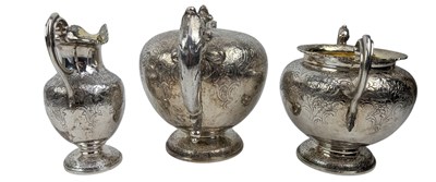 Lot 8 - 19TH CENTURY WILLIAM IV HALLMARKED SILVER THREE-PIECE TEA SERVICE T/W SUGAR TONGS