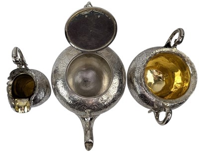 Lot 8 - 19TH CENTURY WILLIAM IV HALLMARKED SILVER THREE-PIECE TEA SERVICE T/W SUGAR TONGS