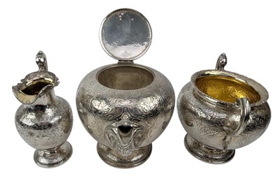 Lot 8 - 19TH CENTURY WILLIAM IV HALLMARKED SILVER THREE-PIECE TEA SERVICE T/W SUGAR TONGS