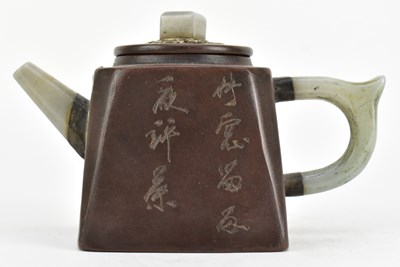 Lot 158 - QING JADE & PEWTER INLAID ZISHA TEAPOT 清 杨彭年造款镶玉锡包紫砂壶