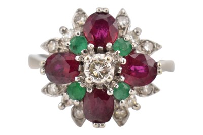 Lot 145 - HALLMARKED 18CT GOLD RUBY, DIAMOND & EMERALD RING