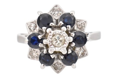 Lot 383 - HALLMARKED WHITE GOLD SAPPHIRE & DIAMOND RING