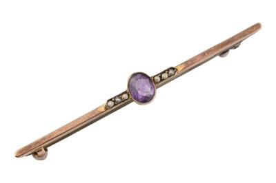 Lot 314 - ART DECO 9CT GOLD AMETHYST & PEARL BAR BROOCH PIN